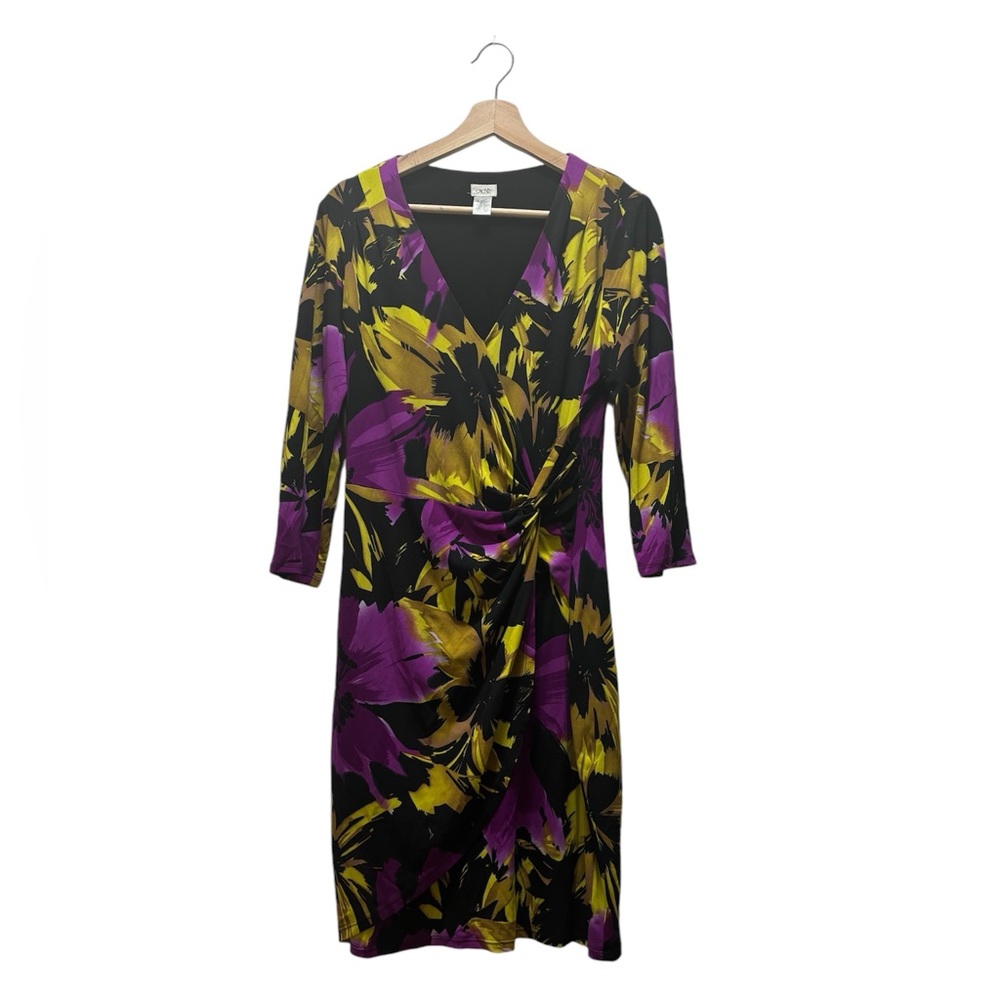 CACH’E Black Midi Wrap Dress w/Purple/Yellow/Gold Floral Front Wrap Size-L